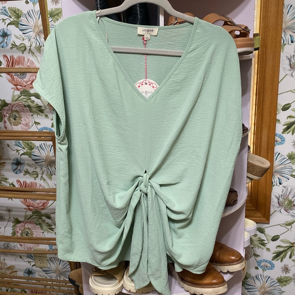 Women’s Blouse. Mint Green. Tie Front V Neck